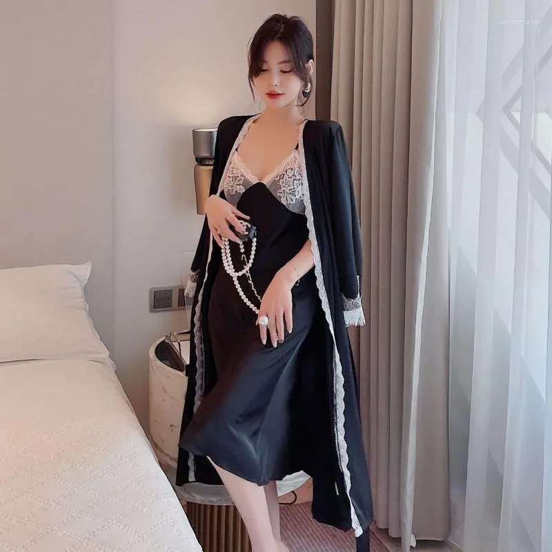 Women's Sleepwear Autumn Sexy Robe Set 2PCS Women Satin Kimono Bathrobe Gown With Lace Loose Intimate Lingerie Lounge Wear