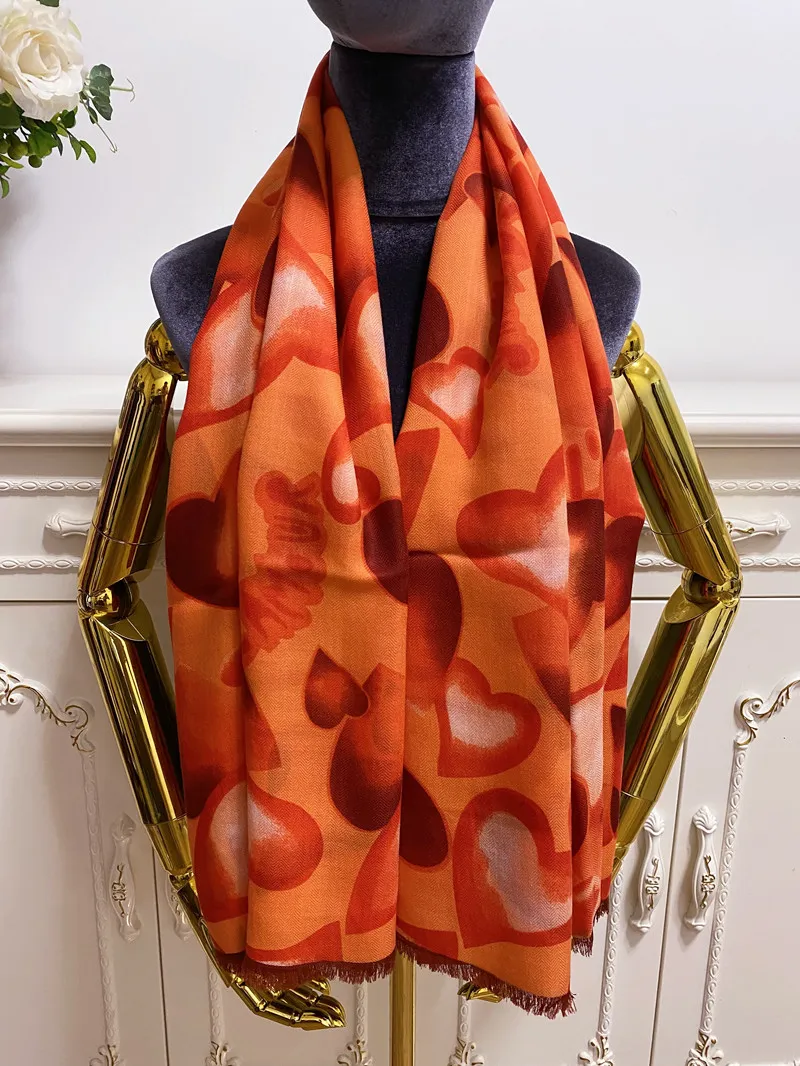 Women's square scarf scarves 100% cashmere material thin and soft orange pint letters hearts pattern size 130 cm- 130cm