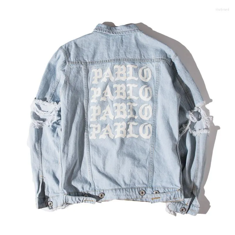 Herrenjacken Frühling und Herbst Klassische Herrenbekleidung Weiße PABLO-Druck-Jeansjacke mit ausgefransten gebrochenen Löchern Cowboy-Kleidung beiläufige lose Oberbekleidung