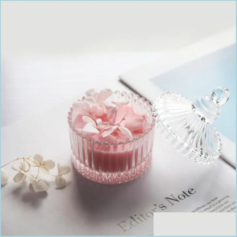 Bougies Bougies 6.5x9cm Bougie de cire de soja de fleur séchée avec pot parfumé en verre de bonbons pour anniversaire de mariage Cadeau de Saint Valentin Drop Delive Dhczo