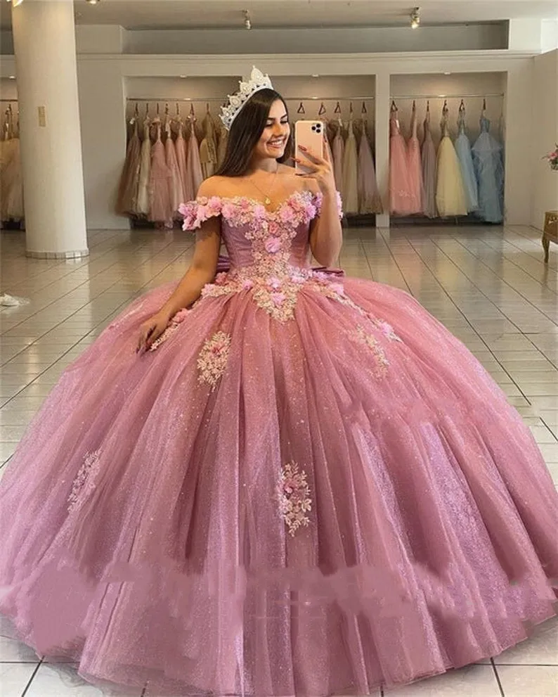 Tulle Gown Ball Pink Glitter Quinceanera Dresses 3D Floral Flowers Off The Shoulder Appliques Princess Sweet 15 16 Dress Prom Graduation