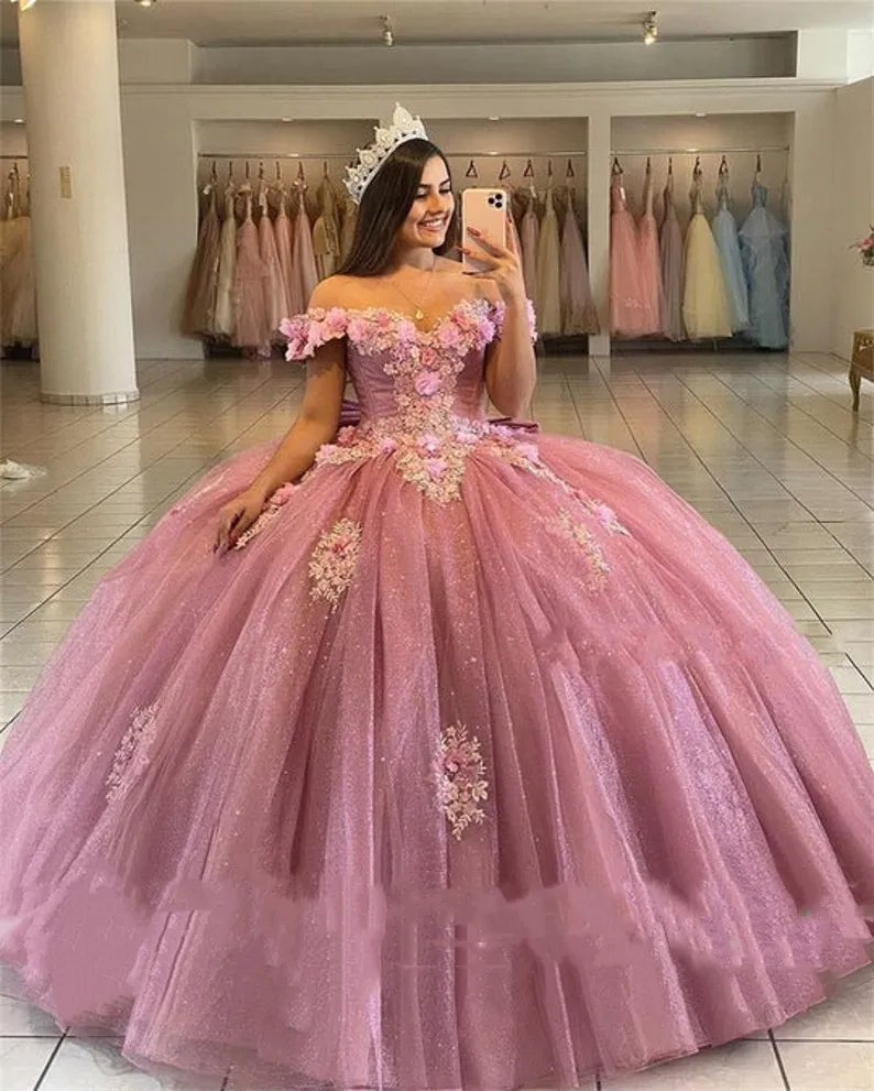 Robe de boule de tulle rose scintillant robes quinceanera d fleurs de floral hors de l'épaule appliques princesse sweet robe bal graduation