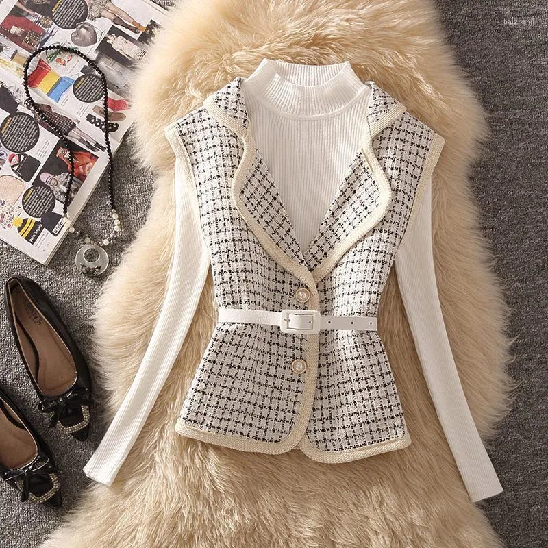 Kvinnors västar Spring Autumn Retro Small Fragrance Plaid utanför Vest Women's Korean Fashion Tweed Jacka Damer Thin Waistcoat Chaleco