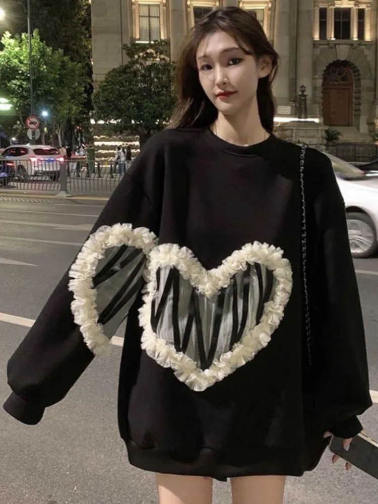 Women's Hoodies Sweatshirts Deeptown Korean Fashion Heart Mesh Lace Patchwork Sweatshirt Women Harajuku Gothic Oversized Hoodies Female Casual Pullover Tops