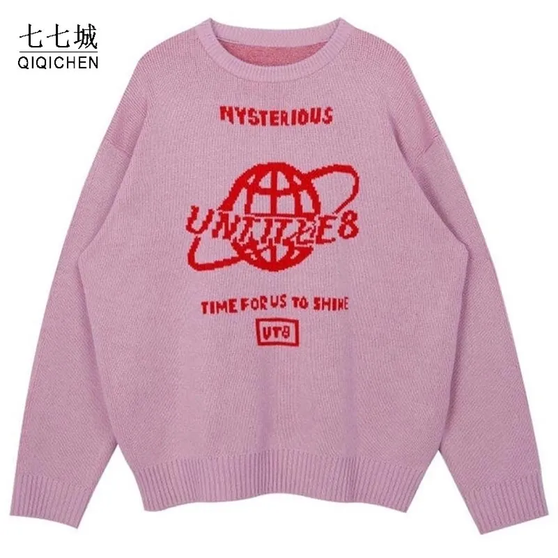 Erkek Sweaters Street Kadınlar Dünya Mektubu Harajuku Kniting Üstler Gevşek Sıcak Kazak Sonbahar Kış Japon Kız 220930