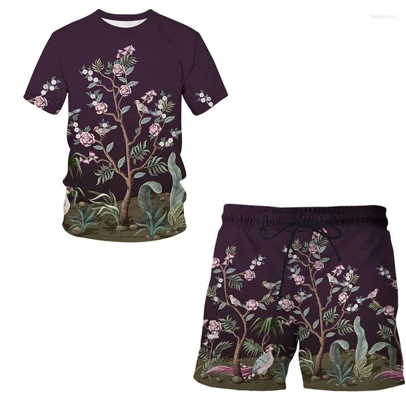 Roupas masculinas de traje masculino de traje de camiseta masculina Roupas de treino de 2 peças Bird Bird and Plant Ilustração 3D Impressão curta