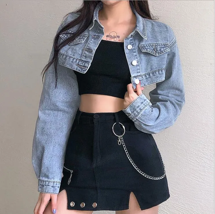 Women's Jackets Women's Cropped Denim Jacket Solid Classic Long Sleeve Button Down Jean Trucker Spring Autumn Ladies Casual