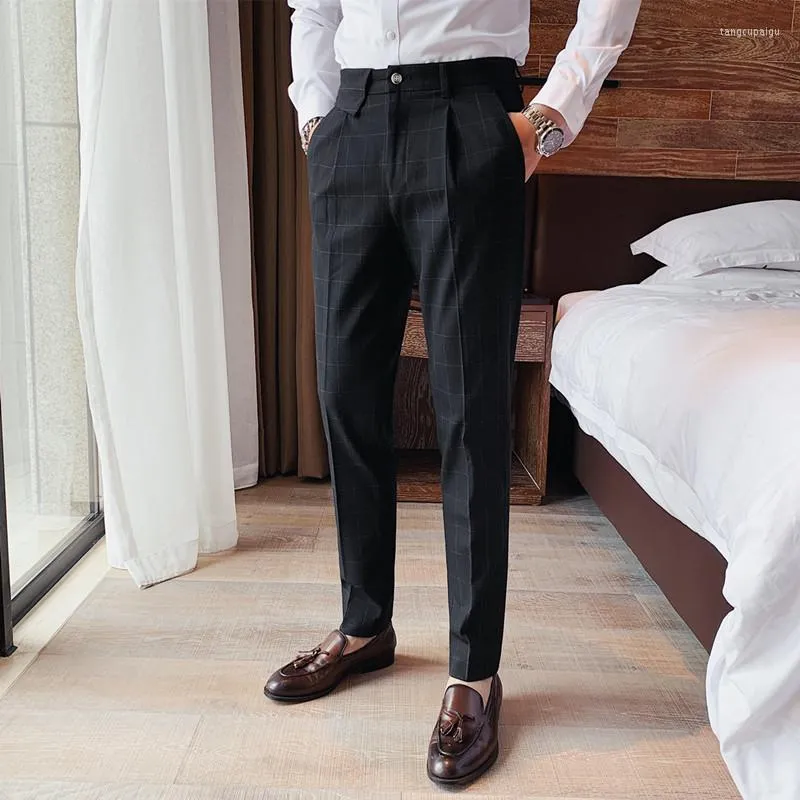 Мужские костюмы в британском стиле бизнес -формальная одежда Slim Fit Plaid Men Dress Prants Casual Match Fashion Straight Gentlemen Office Брюки 36