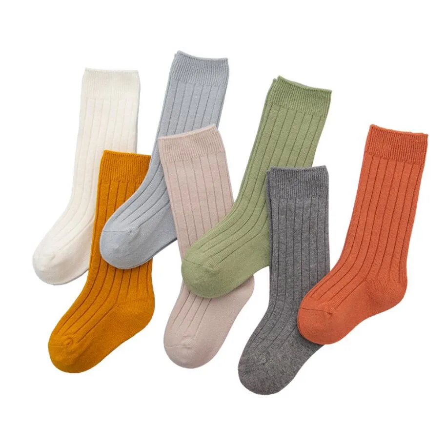 Bébé chaussettes nouveau-né enfants infantile filles garçons genou haute chaussette enfant en bas âge fille solide coton rayure plaine longue chaussette pour 0-5 ans enfants