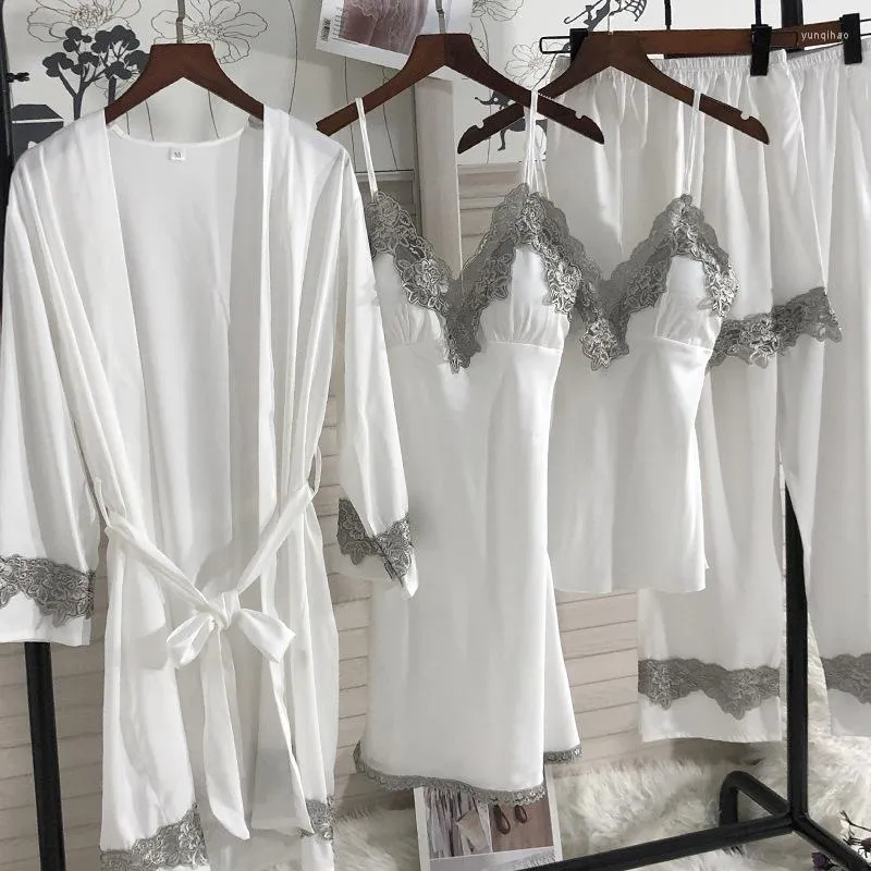 Accueil Vêtements Blanc 5 PCS Robe Sey Pyjamas Femmes Satin Vêtements De Nuit Sexy Kimono Peignoir Robe Soyeux De Nuit De Mariée Demoiselle D'honneur De Mariage