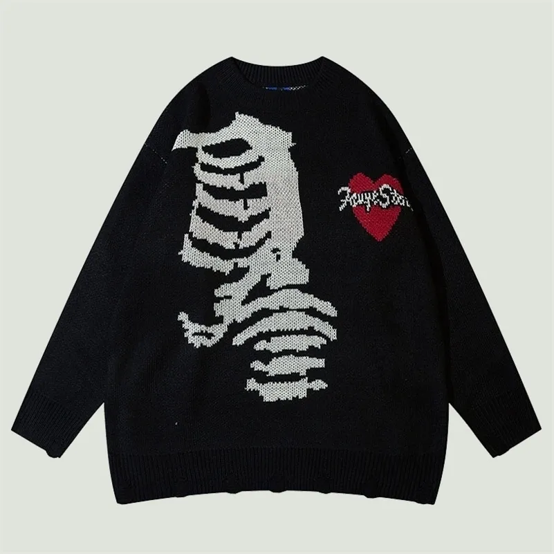 Suéteres de los hombres High Street Hip Hop de punto Hombres Harajuku Vintage Skeleton Heart Graphic Jumper Oversized Casual Pullovers Unisex Otoño 220930