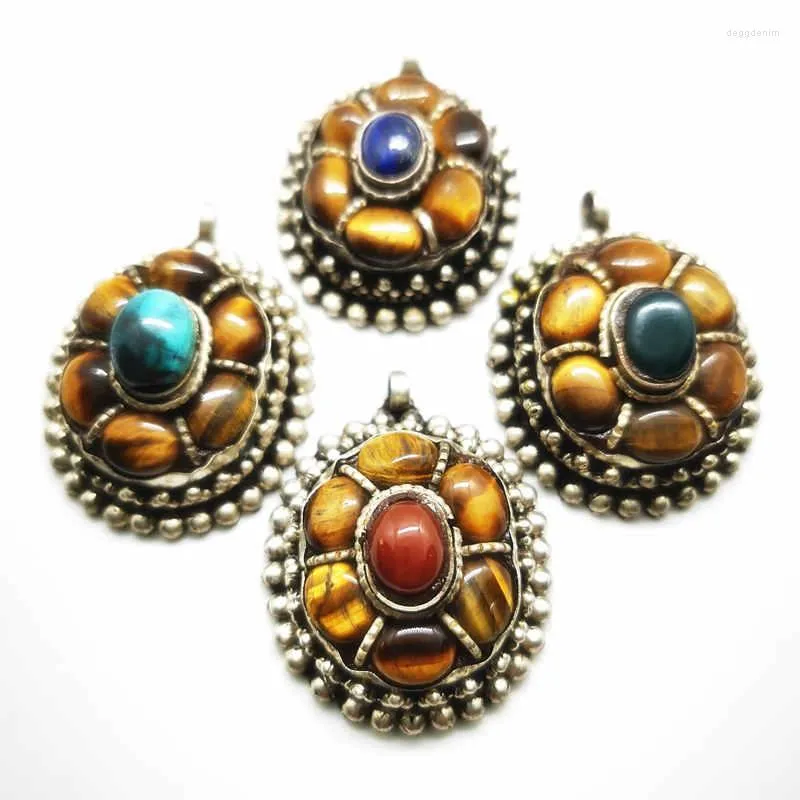 Pendant Necklaces Tibetan Copper Inlay Tiger Eye Egg Beads Flower Vintage Jewelry Multi Stone TBP260