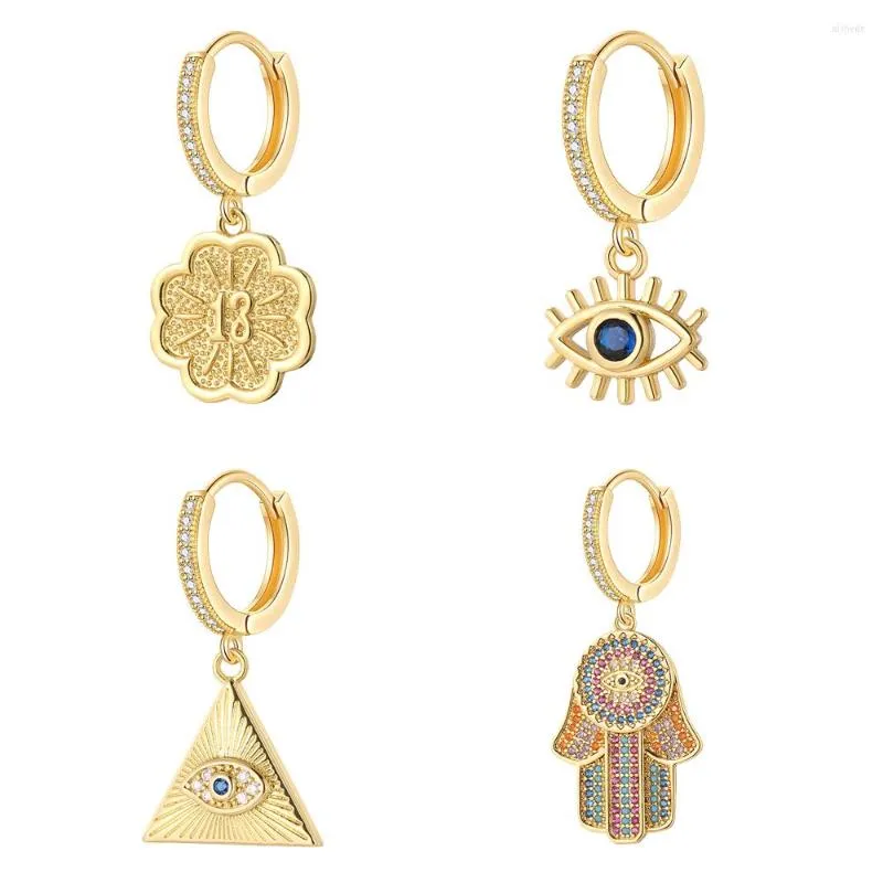 Kolczyki Hoop religijne złe niebieskie oko dynda kolczyk dla kobiet biżuteria kwiatowa ręka miedź Pave CZ akcesoria mody