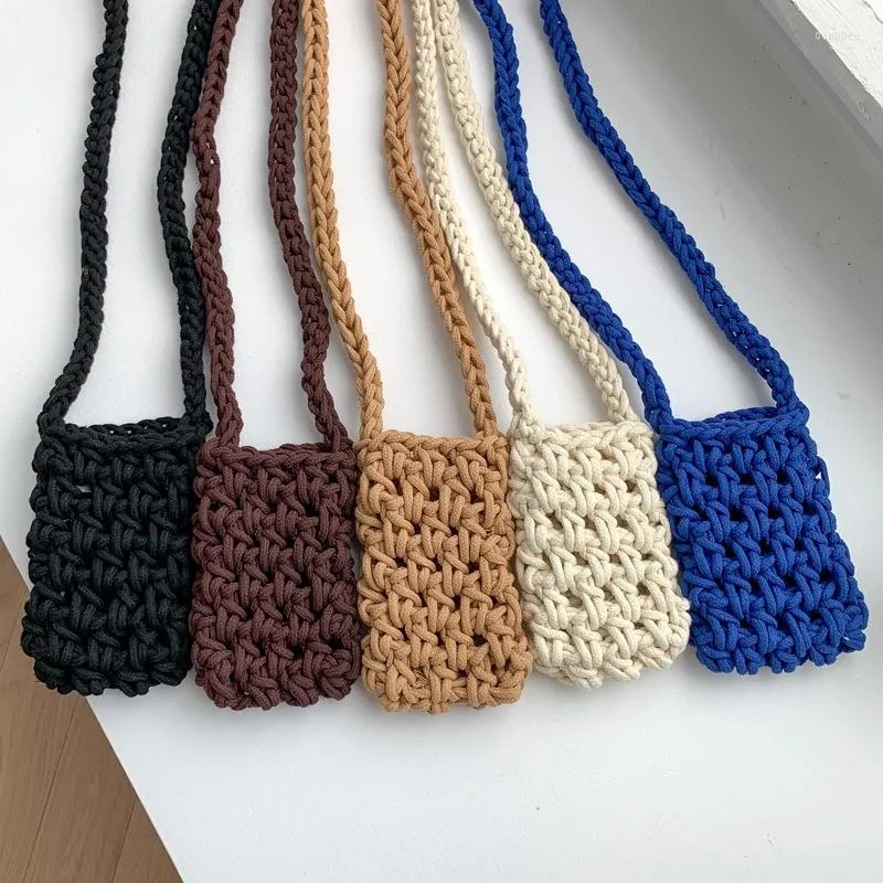 Evening Bags 2022 Women's Beach Bag Hollow Out Mini Crossbody Phone Cotton Thread Woven Shoulder Knitted Ladies Purse Whole Sale