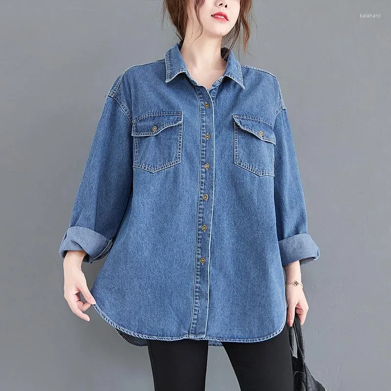 Damenblusen, blau, modisch, Doppeltaschen-Jeanshemd für Damen, Umlegekragen, lässig, BF-Stil, Jeans-Tops, langärmelig, Frühlings-Cardigan