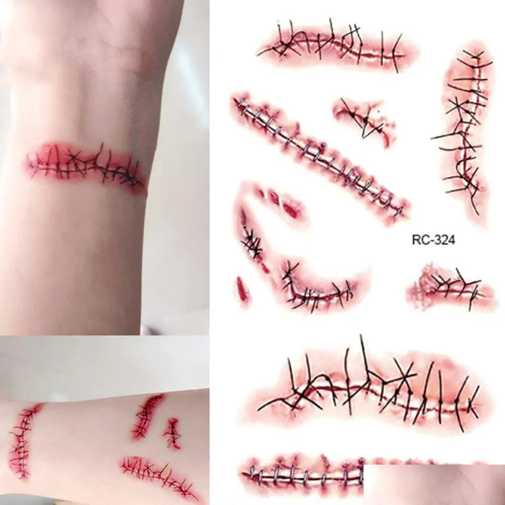 Tatuering böcker tillfällig tatuering klistermärke skräck katt bat terror sår realistisk blodskada ärr för halloween makeup kropp en toppscissors dht0s