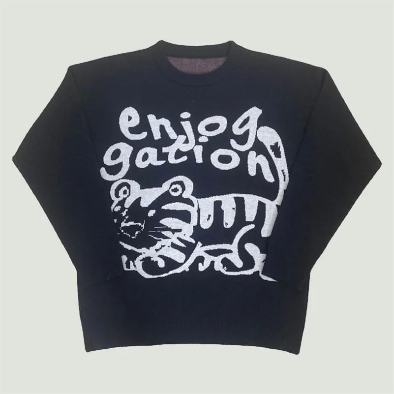 Pulls pour hommes surdimensionné tricoté dessin animé chat lettre imprimé pull streetwear harajuku décontracté coton chaud pull unisexe noir 220930