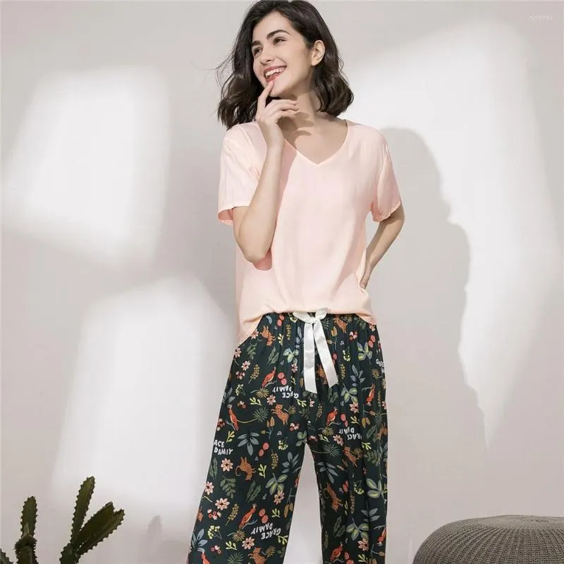 Hemkläder 2st Pyjamas Set Women Sleepwear Lounge Wear Casual Printed Floral Contrasting Color Pyjamas Topspants Byxor Homewear