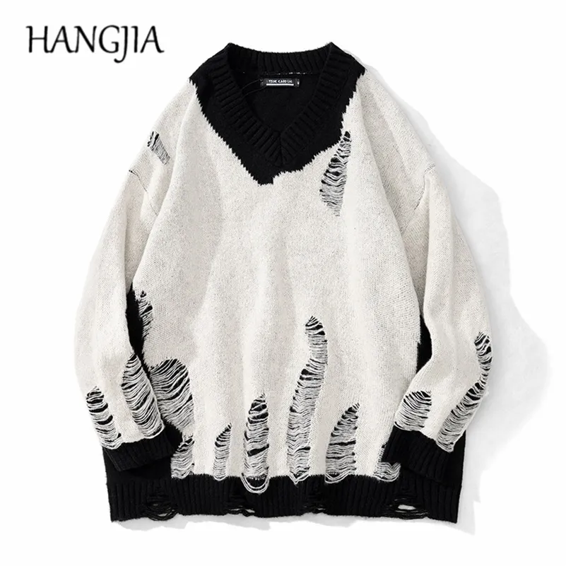 Men's Sweaters Black White Patchwork Pullovers Washed Destroyed Ripped Sweater Men Harajuku Hole Knit Jumpers for Women Oversized 220930