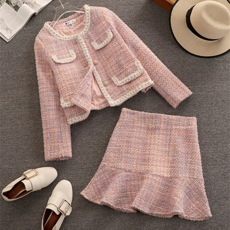 Two Piece Dress High Quality Fall Winter Plaid Tweed Skirt Set Women Woolen Short Jacket Coat Mermaid Suits Sweet 2 220930