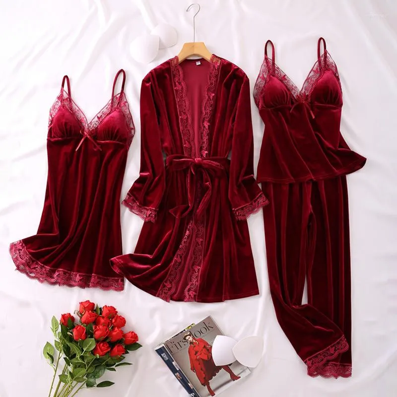 Home Clothing Autumn Velvet 4PCS Sleep Set Women Nightwear Sexy Lace Pajamas Casual Soft Kimono Robe Gown Sleepwear Loose Homewear