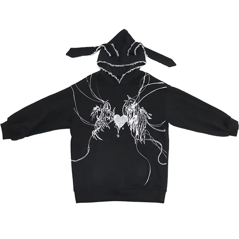 Kvinnors hoodies tröjor y2k harajuku gotisk grunge mekanisk kaninöron huva svart hoodie kvinnor höst punk mode streetwear 220930