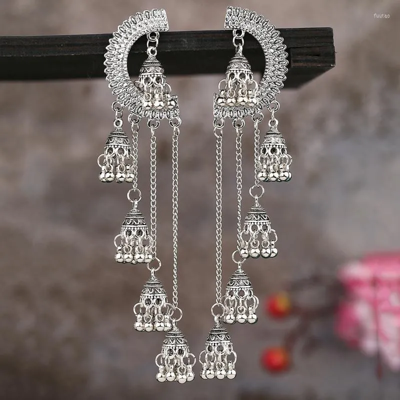Dangle Earrings Afghan Women Silver Color 2022 Half Moon Gypsy Vintage Boho Tribe Bells Long Tassel Drop Jhumka Jewelry