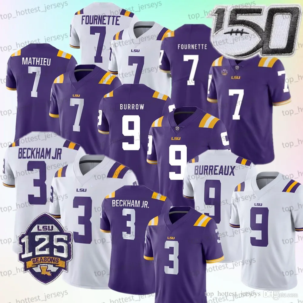 LSU Football Jersey Burreaux 9 Joe Burrow 1 Fulton Chase Tryann Mathieu 7 Leonard Fournette Purple White Sec tous les tigres cousés College Men Jerseys