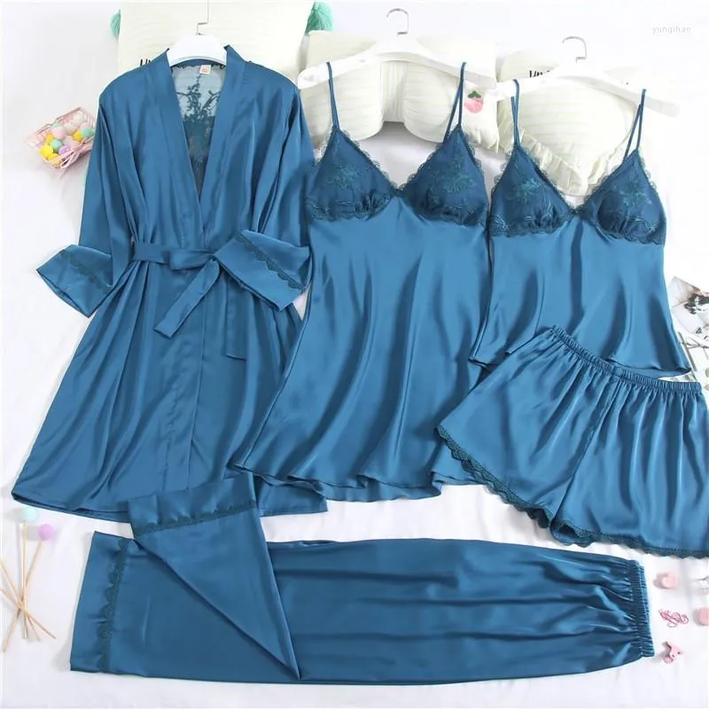 Abbigliamento per la casa Donna 5 pezzi Pigiama Set Indumenti da notte in raso Accappatoio Indumenti da notte in pizzo Kimono Abito abito Intimo senza schienale Lingerie Abbigliamento