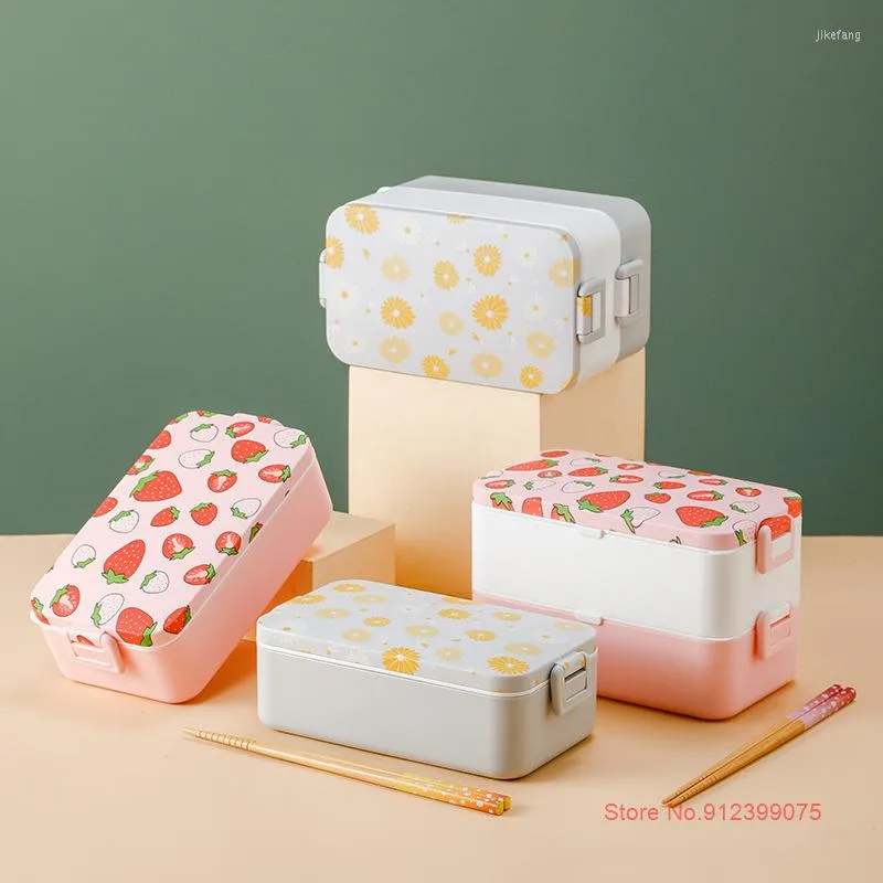 Dinnerware Sets Kawaii Strawberry Cute Girl Lunch Box Pink Plastic Bento For Women Office Use Female Meal Prep Container