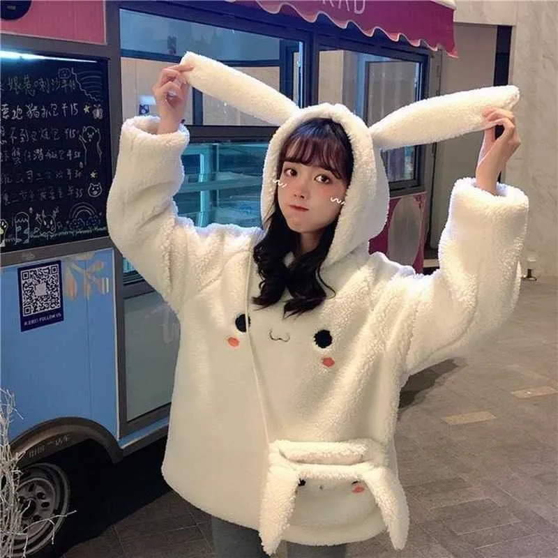 Women's Hoodies Sweatshirts Houzhou Bunny Ear Hoodies Vrouwen Warm Kawaii Babbit Bag Hooded Oversized Vrouwelijke herfst Winter Leuke witte sweatshirts Koreaanse stijl T220929