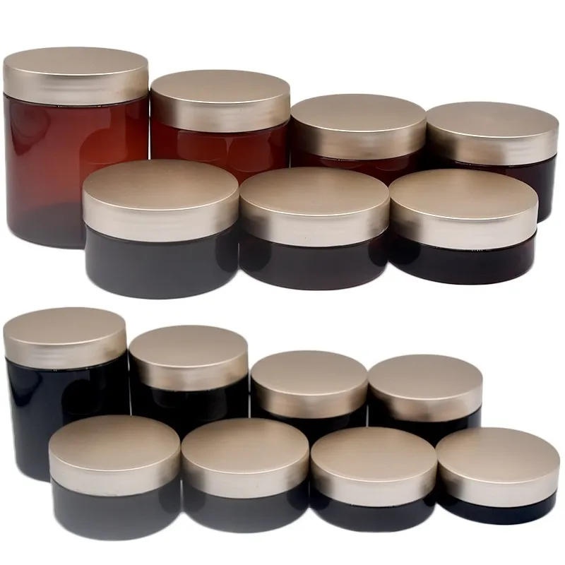 Bouteille vide rechargeable de crème PET Pots de cire pour cheveux noirs brillants Couvercle en or rose Dia.68mm Emballage cosmétique Pots bruns 30ml 50ml 80ml 100ml 120ml 150ml 200ml 250ml