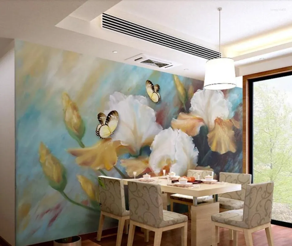 Bakgrundsbilder Anpassad storskalig 3D-väggmålning Bakväggplats Europeisk handmålad endast orkidérjan Fjärils-TV-soffa Bakgrundsvägg
