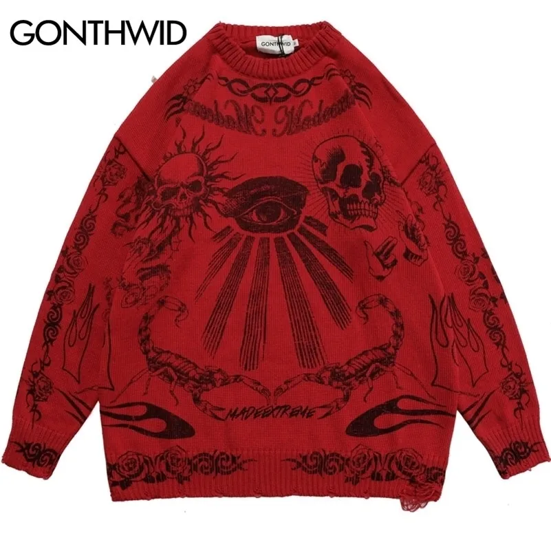 Erkek Sweaters Hip Hop Gotik Büyük Boy Kazak Sokak Giyim Vintage İskelet Kafatası Gül Baskı Yırtıcı Punk Kazak Harajuku Siyah 220930