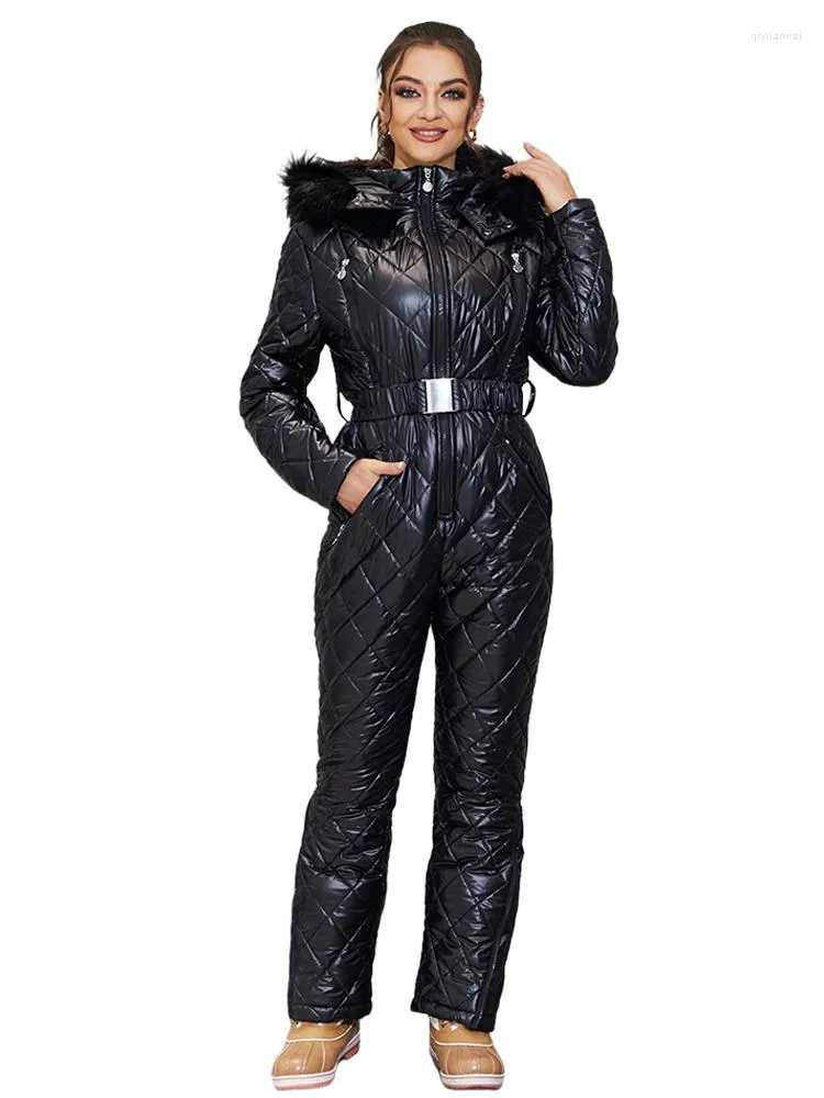 Damesgeul Lagen Bont kap ski jumpsuit Vrouwen Winter Outerwear lange mouw met katoen met katoenen gekantde jas slanke fit gewatteerde parka rits omhoog een stuk