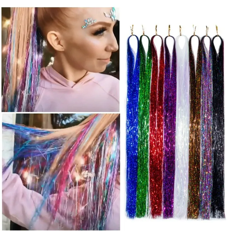 Strumenti per capelli Sparkle Shiny Tinsel Rainbow Silk Extensions Dazzle Hippie per il copricapo intrecciato lungo 100 cm 120 fili sacchetto 220929