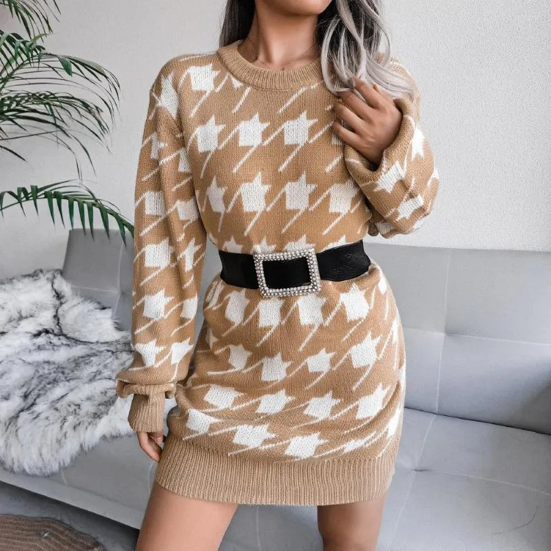 Casual Dresses Sticked Mini Sweater Dress Women 2022 Autumn Winter Streetwear Lantern Sleeve Pullover Overdimensionerad Vestidos