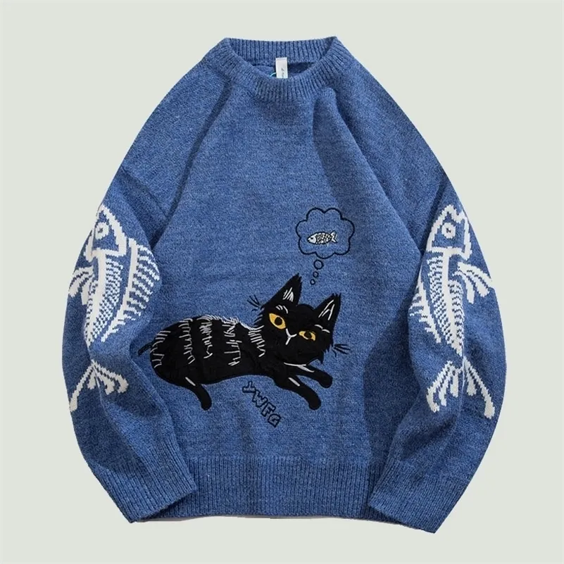 Herrtröjor Streetwear Cat Embroidery Sticked Sweater Hip Hop Hop Harajuku Casual Loose O-Neck Pullover Couples Fashion Autumn Winter Tops 220930