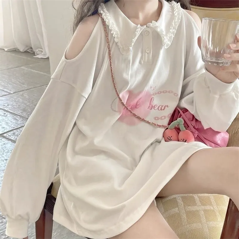Moletons femininos moletons houzhou kawaii mulheres brancas japonês fofo coração impressão fora do ombro de mangas compridas Moletomart menina macia de moda coreana 220930