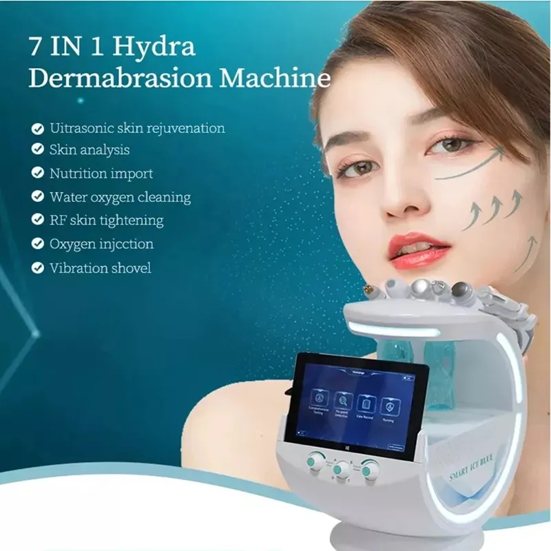Analizzatore di pelle avanzato blu ghiaccio intelligente Testa RF con connessione all'app mobile Macchina per la pulizia della sbucciatura dell'ossigeno dell'acqua Hydra