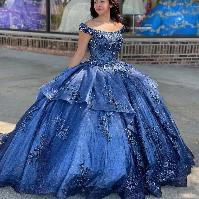 Quinceanera Dresses Navy Blue Crystal Corset Sweet 15 Gown Off Offers