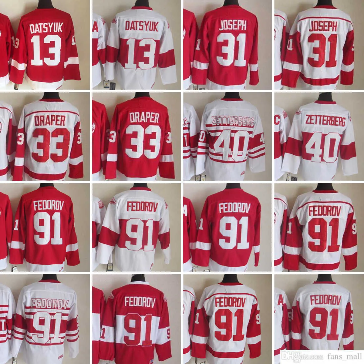 Film CCM Vintage Ishockey 91 Sergei Fedorov Tröjor Stitched 13 Pavel Datsyuk 31 Curtis Joseph 33 Kris Draper 40 Henrik Zetterberg Jersey Röd Vit Herr