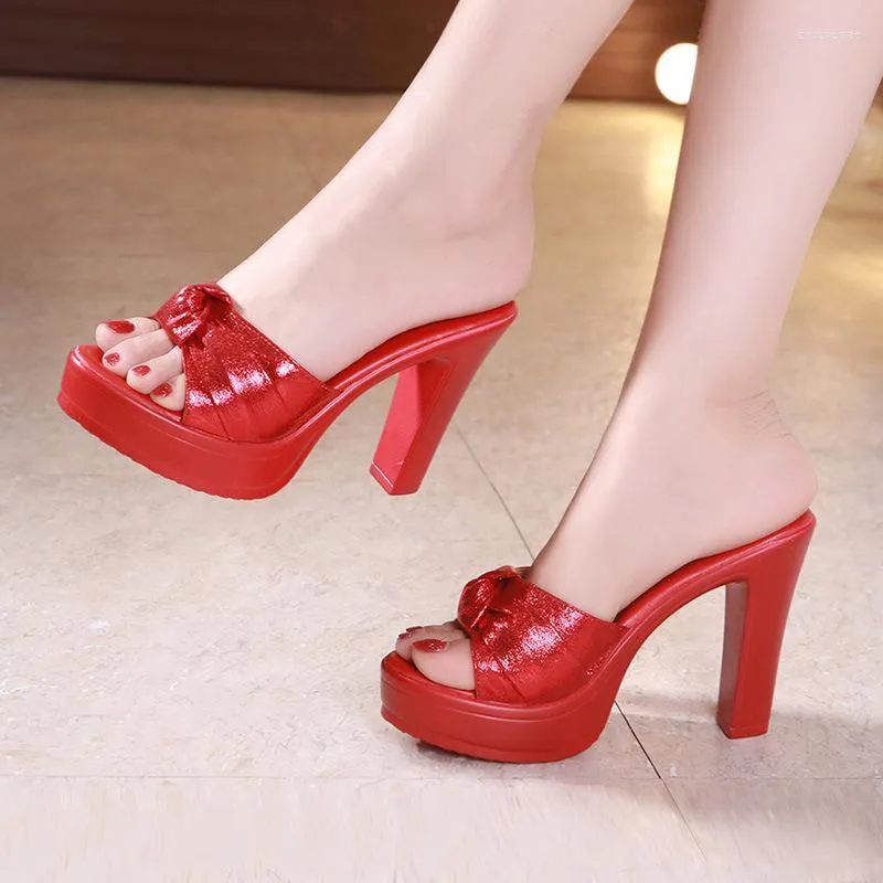 Тапочки 2022 летняя платформа на каблуке Женская свадебная обувь Золотая красная ол высокие каблуки слайды женские офисные обувь плюс размер 34-43