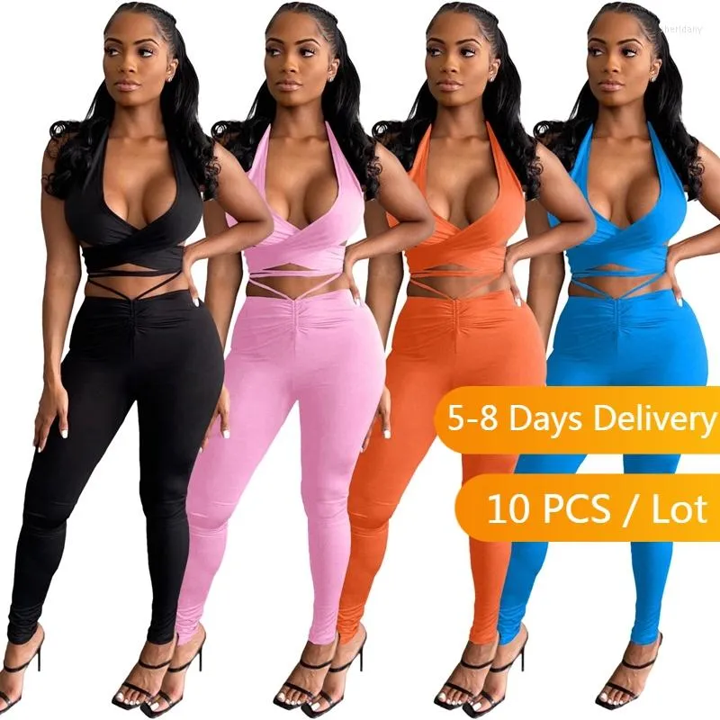 Dames tweedelige broek groothandel artikelen sexy set dames zomer bandage halter crop top en skinny party club rave outfits voor