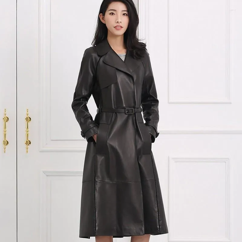 Inverno in pelle da donna Donne a vento Trench Trench Long Coat Long Milited Celted Skins Guida Guida Giacca Office Elegante soprabito