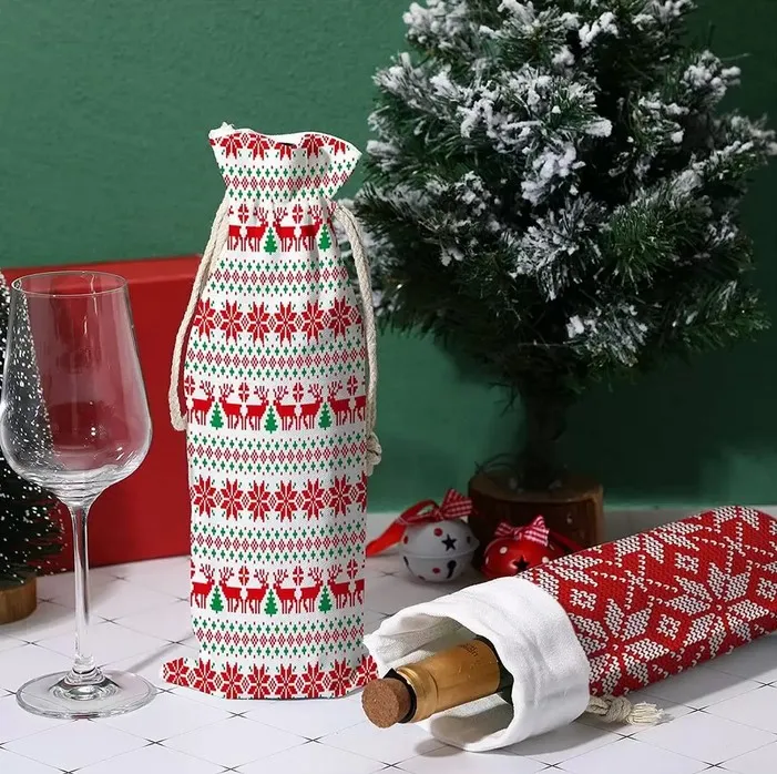 14x5.5inch Christmas Decorations Sublimation Blank Wine Bottle Bags with Drawstrings Reusable gift bag Bulk for Halloween Christmas DIY Wedding Birthday Party