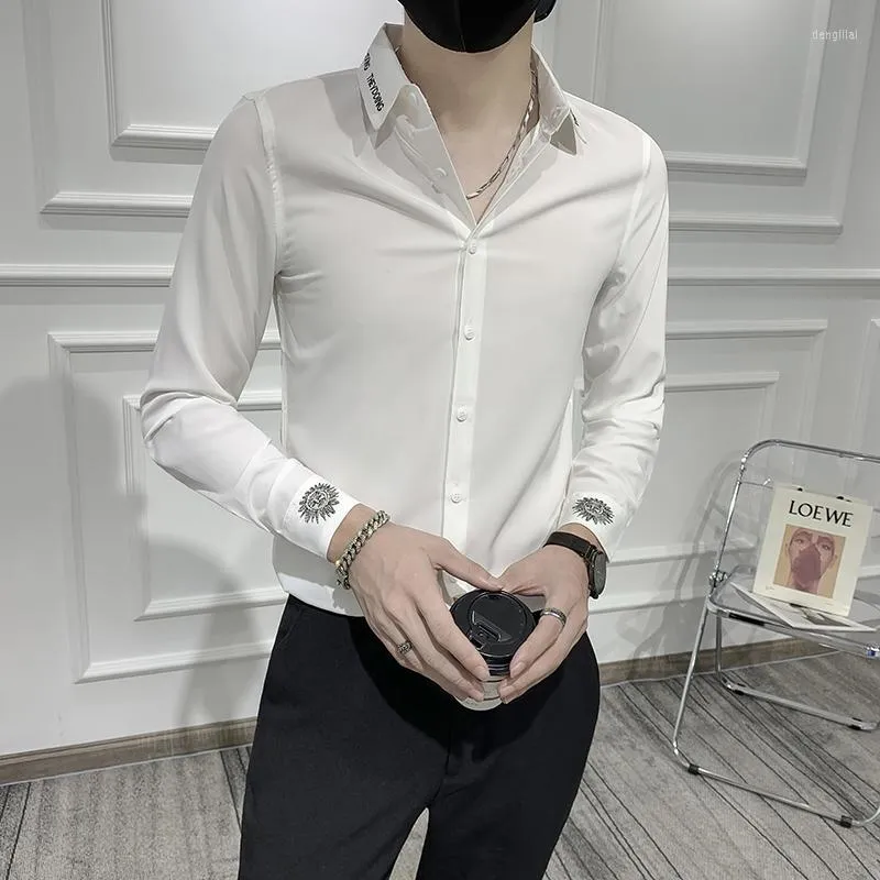 Camisas casuais masculinas vestido de cavalheiro branco preto elegante moda masculina para jovens namorando partido de desgaste coreano