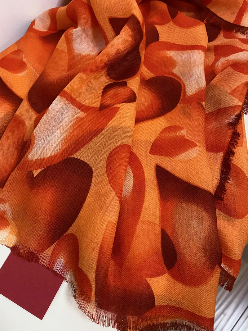 Women's square scarf scarves 100% cashmere material thin and soft orange pint letters hearts pattern size 130 cm- 130cm