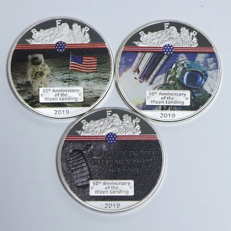 5pcs /set hediye Ayın 50. Yıldönümü Anma Para Renkli Koleksiyon Hediyesi Apollo 11 Gümüş Kaplama