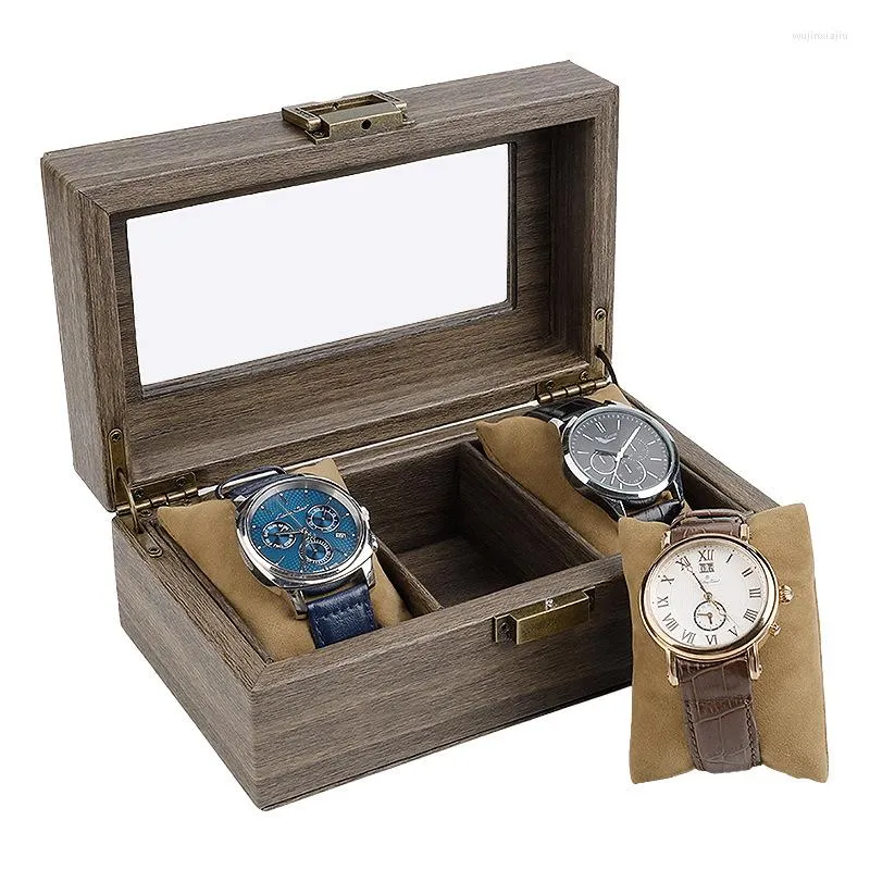 Scatole per orologi Scatole in legno marrone Organizer 3 griglie Stoccaggio vintage di lusso Orologi da uomo Custodia per imballaggio Albero regalo di compleanno